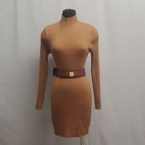 Hooked Up Camel Turtle Neck Canale Knit Pencil Dress Long Sleeves Size L